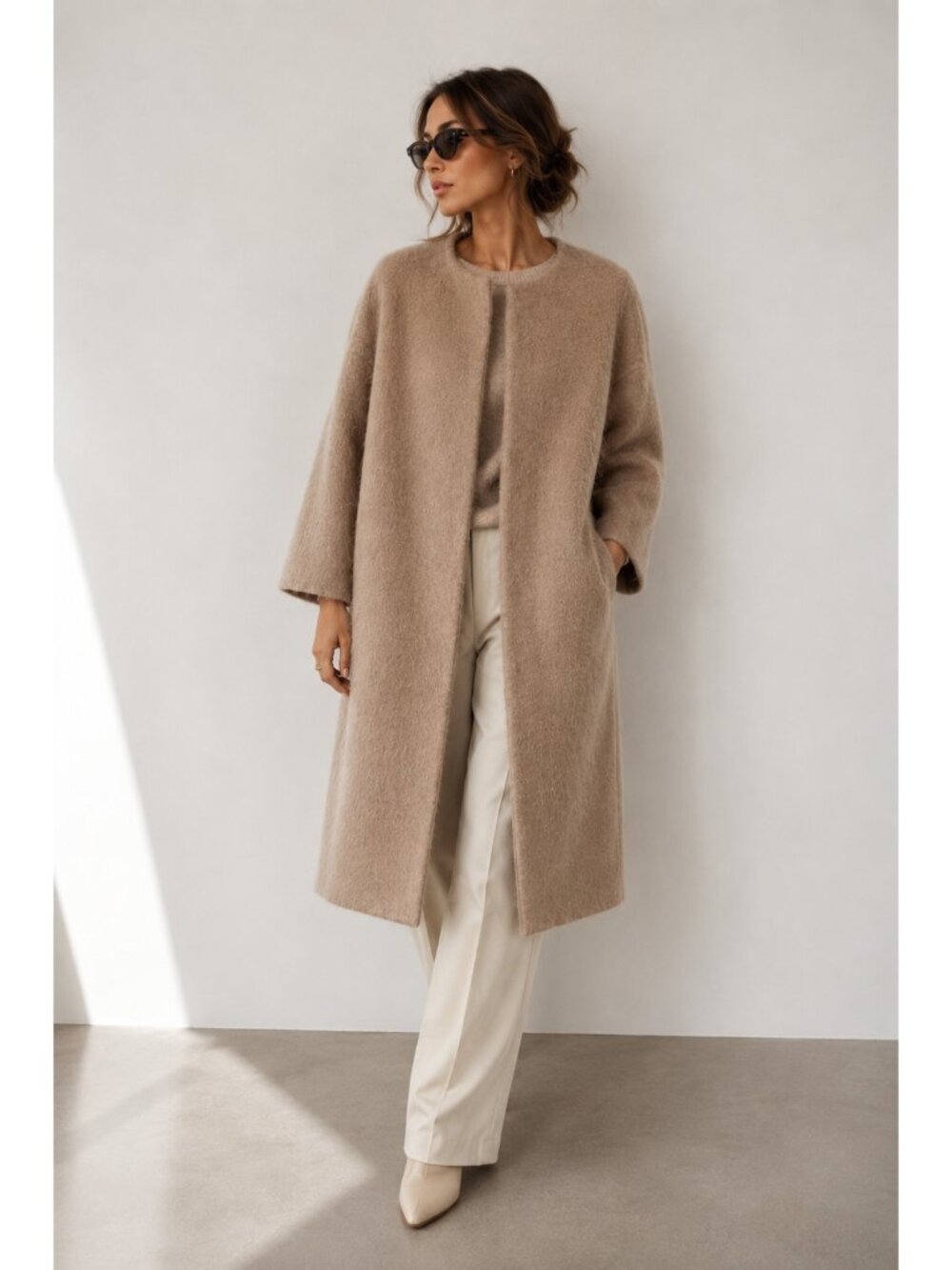 ASOS Camel Mohair Wool Blend Long Coat Women's US 14 Open Front 3/4 Minimalist